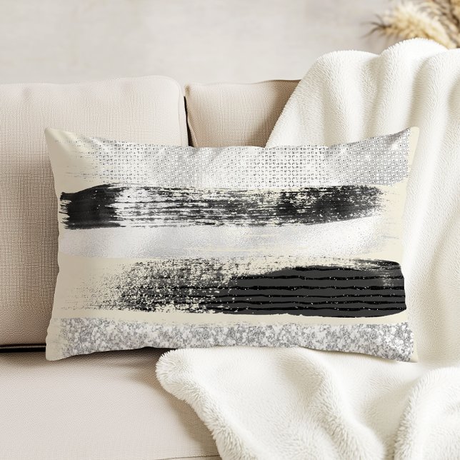 Glam Silver Black White Brushstrokes Ecru Decorative Cushion (Creator Uploaded)
