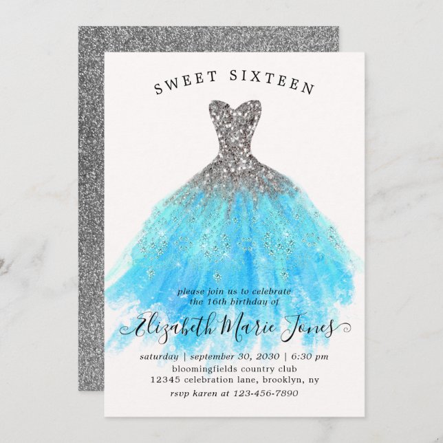 Glam Silver Blue Sparkle Dress Sweet 16th Birthday Invitation (Front/Back)