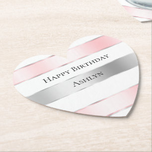 Glam Silver Blush Pink Ribbon Birthday Paper Coaster