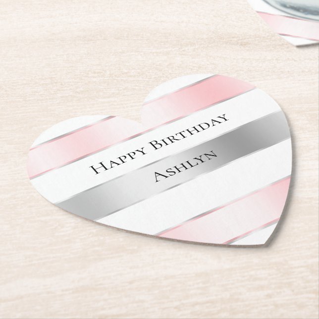 Glam Silver Blush Pink Ribbon Birthday Paper Coaster (Angled)