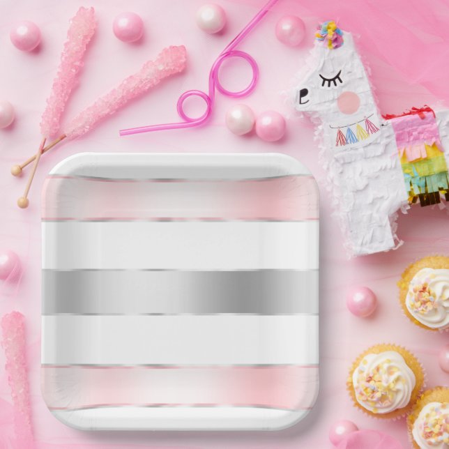 Glam Silver Blush Pink Ribbon Birthday Paper Plate (Party)