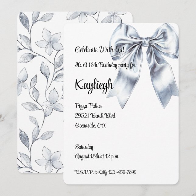 Glam Silver Bow Floral Birthday   Invitation (Front/Back)