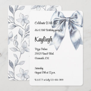 Glam Silver Bow Floral Birthday Invitation