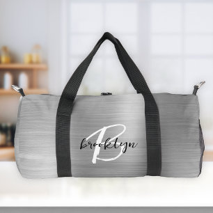 Glam Silver Brushed Metal Black White Monogram  Duffle Bag