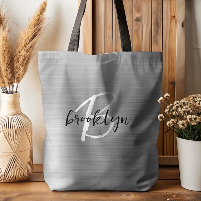 Glam Silver Brushed Metal Black White Monogram  Tote Bag (Creator Uploaded)