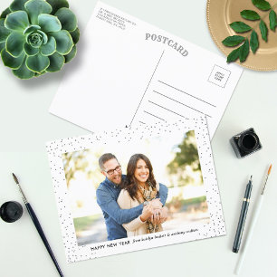 Glam Silver Confetti Happy New Year Photo Holiday Postcard