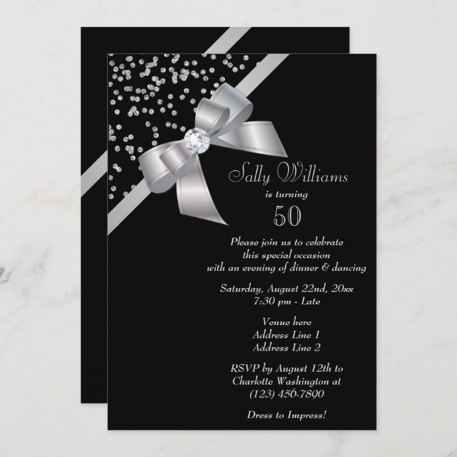 Glam Silver Confetti & Jewel Bow 50th Birthday Invitation (Front/Back)