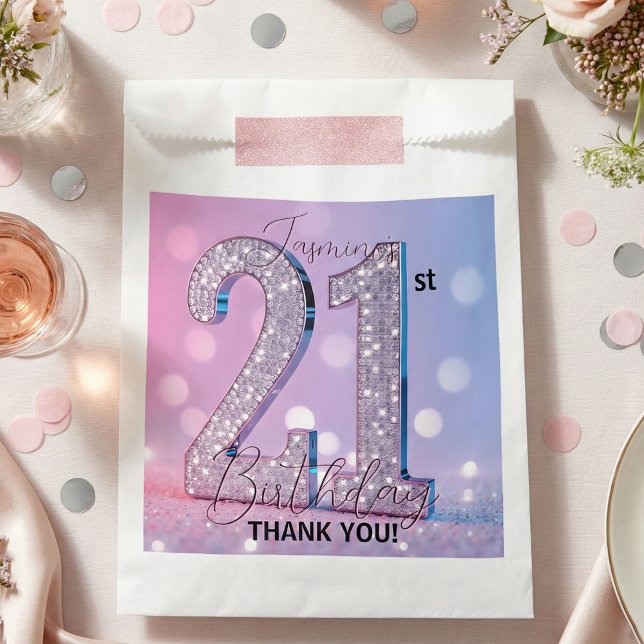 Glam Silver Diamond Sparkle Pink 21st Birthday Favour Bags (Creator Uploaded)