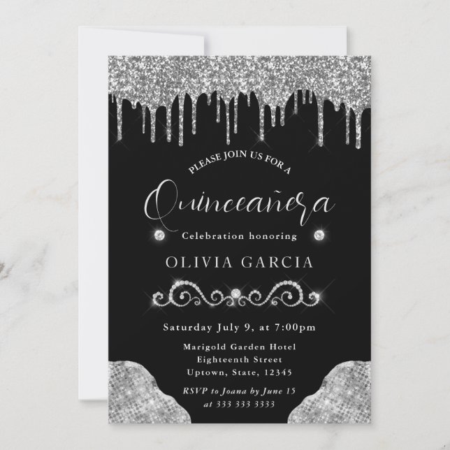 Glam Silver Dripping Glitter Quinceanera Invitation (Front)