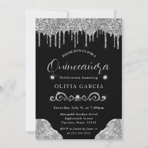 Glam Silver Dripping Glitter Quinceanera Invitation