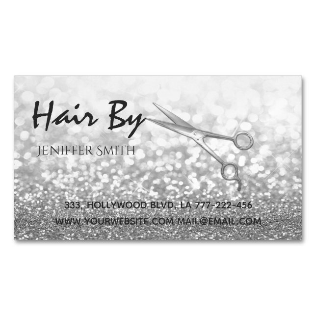 Glam silver elegant modern bokeh scissors magnetic business card (Front)