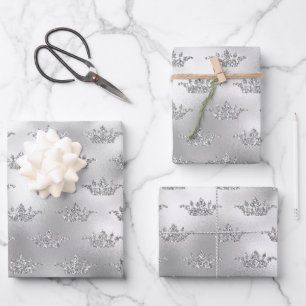 Glam Silver Faux Foil Crown Pattern Wrapping Paper Sheet