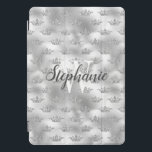Glam Silver Foil Glitter Crown Pattern Monogram iPad Pro Cover<br><div class="desc">Add a touch of glamour with this chic design,  featuring a faux glitter crown pattern on a faux silver foil background. Personalise it with your initial in white serif font and your name in modern charcoal grey calligraphy script.</div>