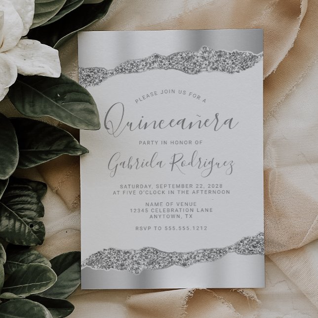 Glam Silver Foil Glitter Quinceañera Invitation (Creator Uploaded)
