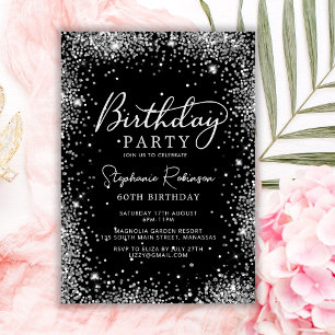 Glam Silver Glitter and Black 60th Birthday Invitation