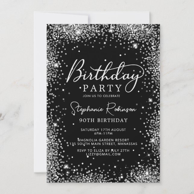 Glam Silver Glitter and Black 90th Birthday  Invitation (Front)