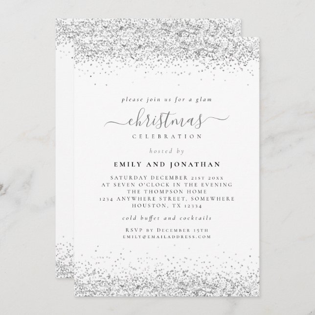 Glam Silver Glitter Christmas Party Invite (Front/Back)