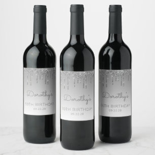 Glam Silver Glitter Drip 90th Birthday Party Wine Label
