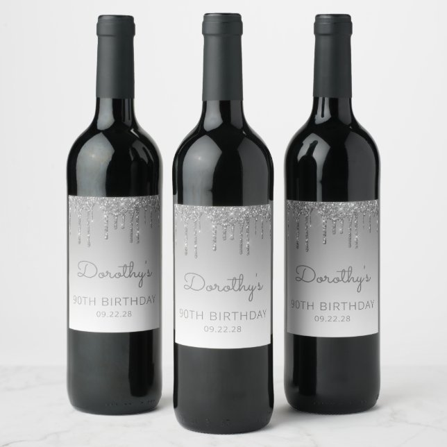 Glam Silver Glitter Drip 90th Birthday Party Wine Label (Bottles)