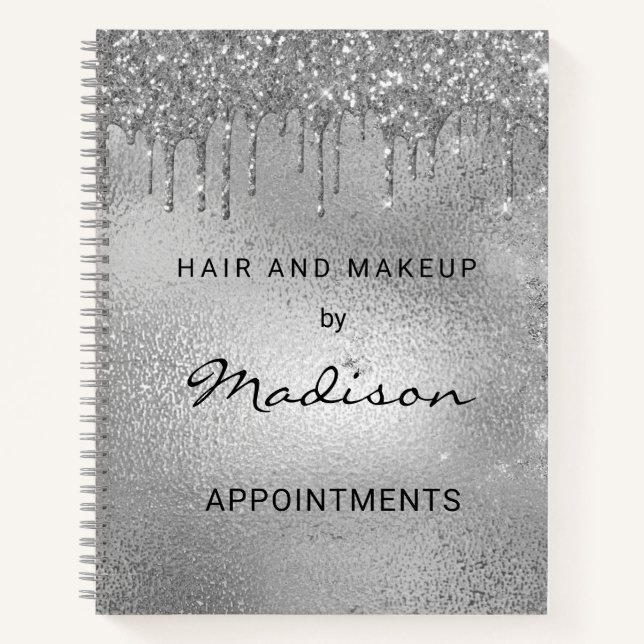 Glam Silver Glitter Drip Hair And Makeup Notebook (Front)