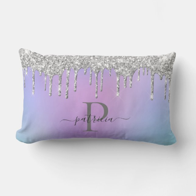 Glam Silver Glitter Drips Elegant Monogram   Lumbar Cushion (Front)