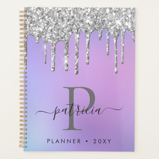 Glam Silver Glitter Drips Elegant Monogram  Planner (Front)