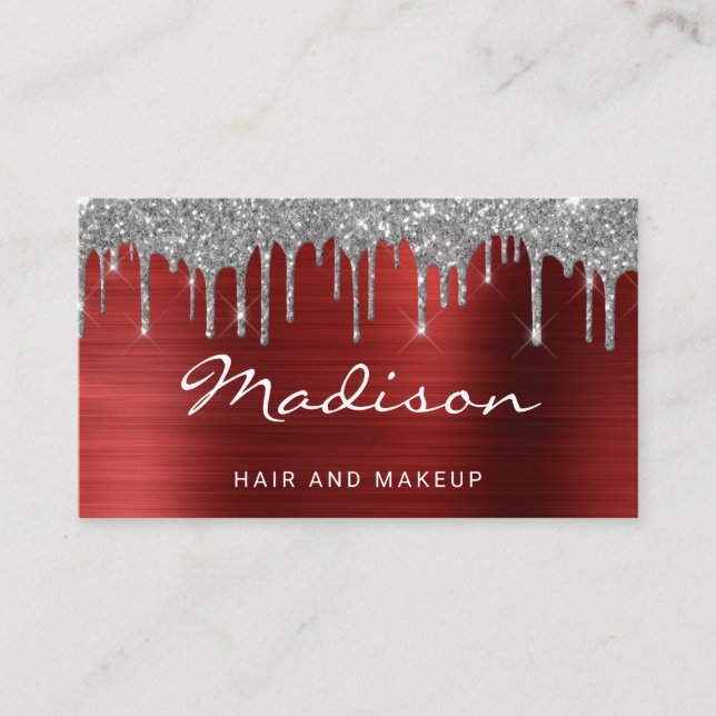 Glam Silver Glitter Drips Stylist  Business Card (Front)