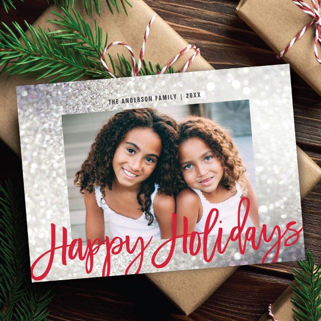 Glam Silver Glitter Happy Holidays Script 1 Photo Holiday Card (Creator Uploaded)