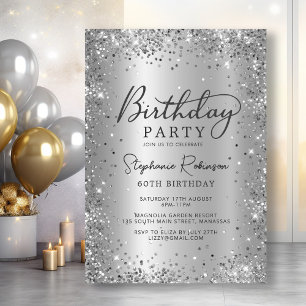 Glam Silver Glitter Metal Foil 60th Birthday  Invitation