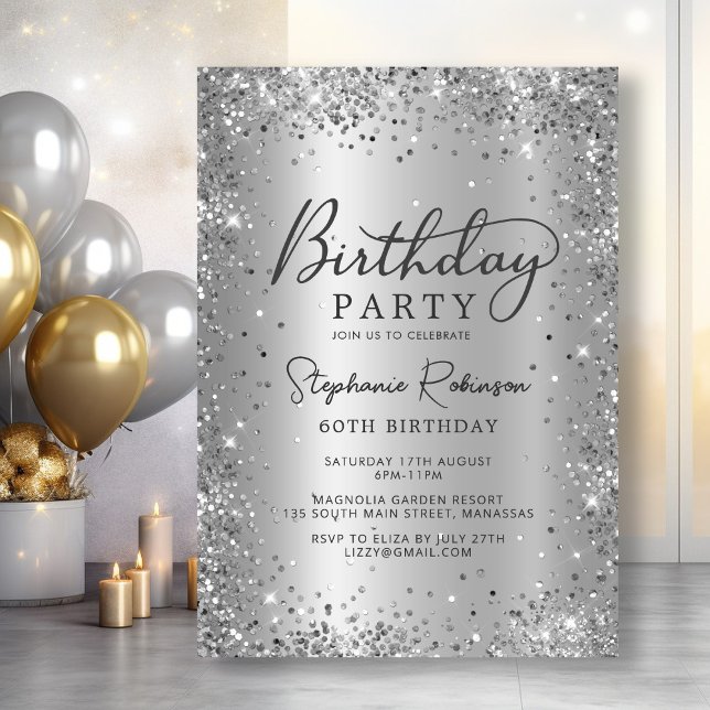 Glam Silver Glitter Metal Foil 60th Birthday  Invitation (Creator Uploaded)