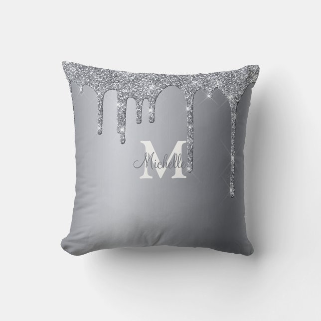 Glam Silver Glitter Personalised Monogram Cushion (Front)