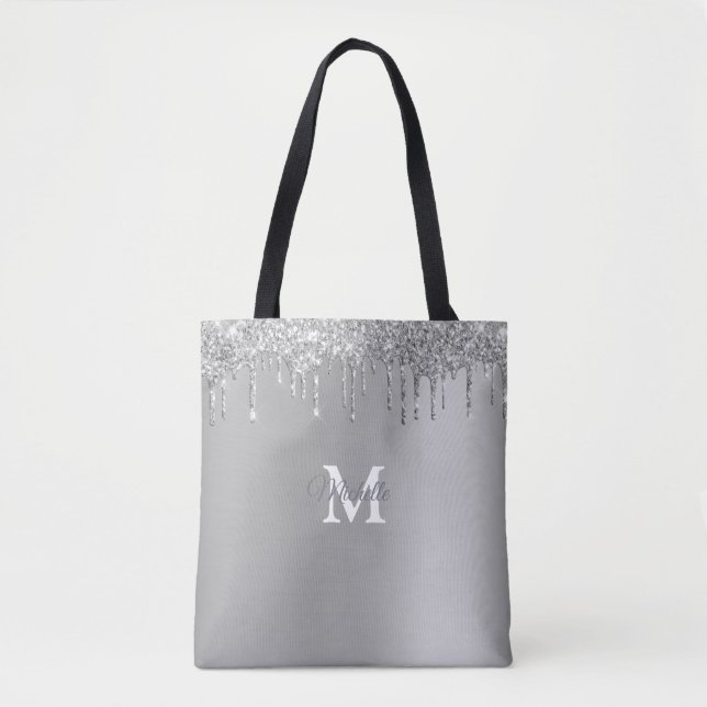 Glam Silver Glitter Personalized Monogram Tote Bag (Front)