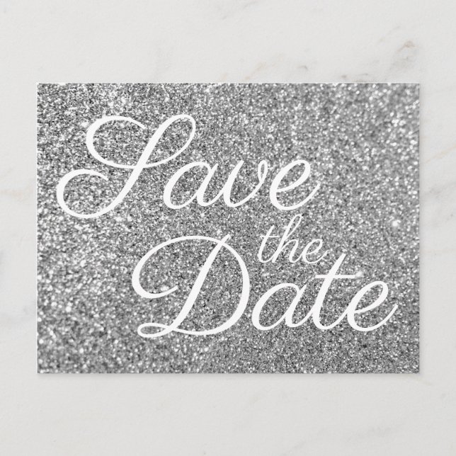 Glam Silver Glitter Photo Save the Date Postcard (Front)