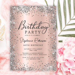 Glam Silver Glitter Rose Gold Metal 60th Birthday  Invitation