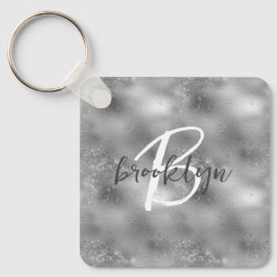 Glam Silver Glitter Sparkle Monogram  Key Ring