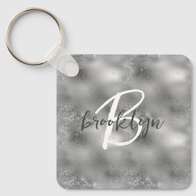 Glam Silver Glitter Sparkle Monogram  Key Ring (Front)