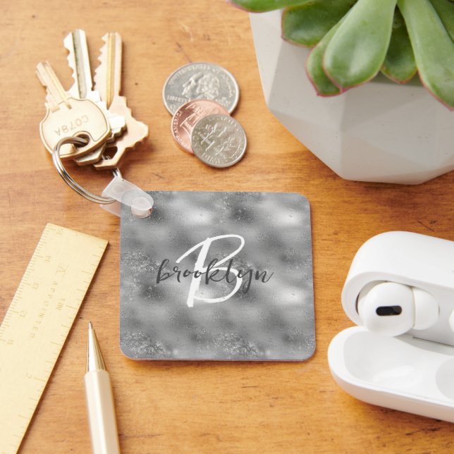 Glam Silver Glitter Sparkle Monogram  Key Ring (Desk)