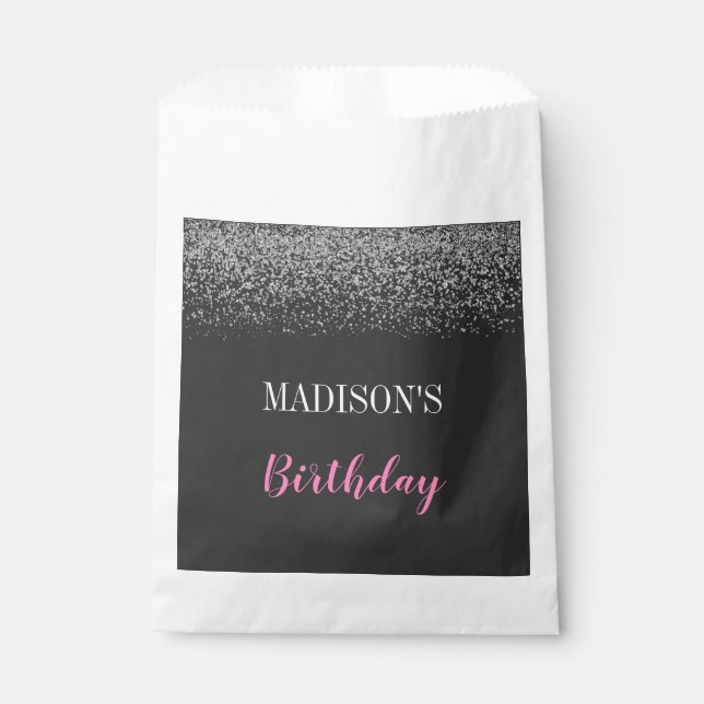 Glam Silver Glitter Sparkles Black & Pink Birthday Favour Bags (Front)