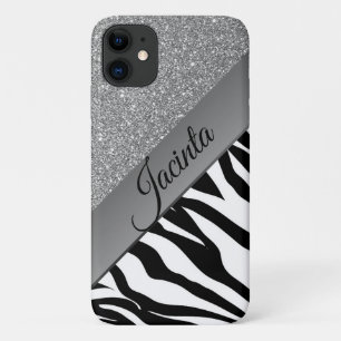Glam Silver Glitter Zebra Print Personalised Case-Mate iPhone Case