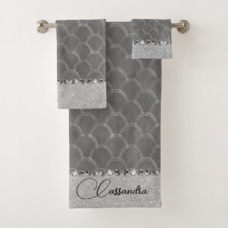 Glam Silver Glittery Diamond Bling Bath Towel Set