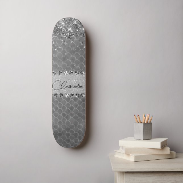 Glam Silver Glittery Diamond Bling Skateboard (Wall Art)