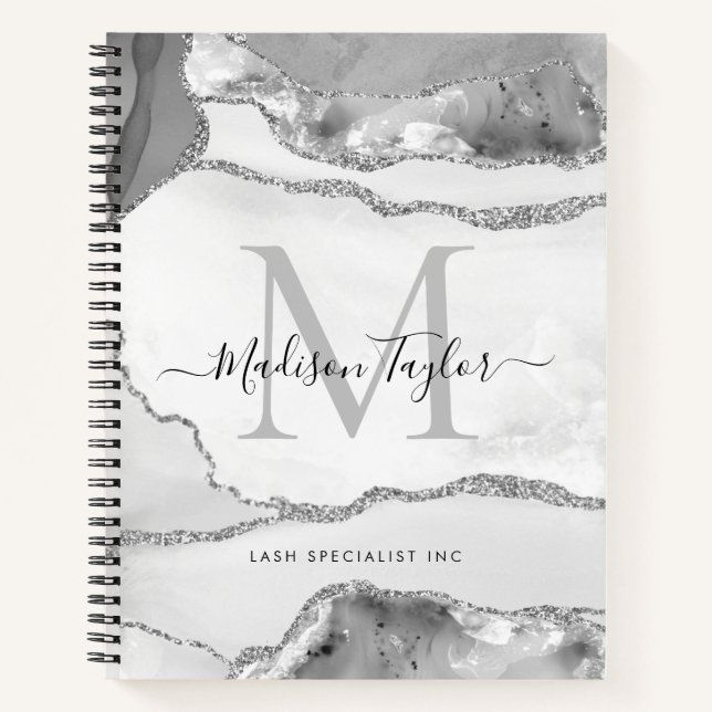 Glam Silver Grey Agate Geode Monogram Script Name Notebook (Front)