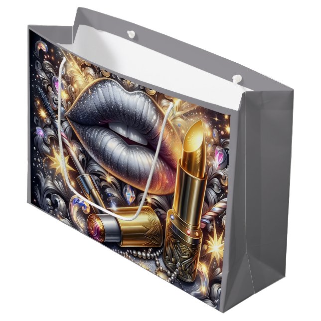 Glam Silver Lips Luxury Makeup Art Design Large Gift Bag (Front Angled)