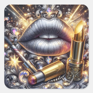 Glam Silver Lips Luxury Makeup Art Design Square Sticker