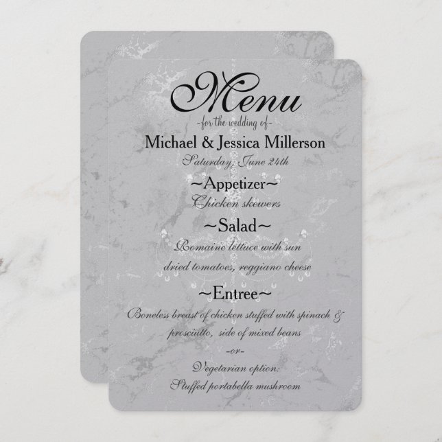Glam Silver Marble Diamond Chandelier Wedding Menu (Front/Back)