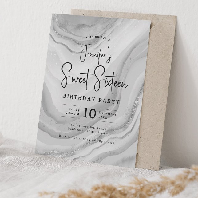 Glam Silver Marble Glitter Sweet 16 Party Invitation (Glam Silver Marble Glitter Sweet 16 Party Invitation)