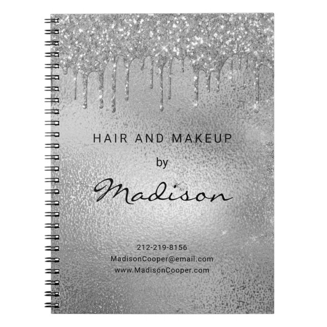 Glam Silver Metal Glitter Drip Hair And Makeup Notebook (Front)