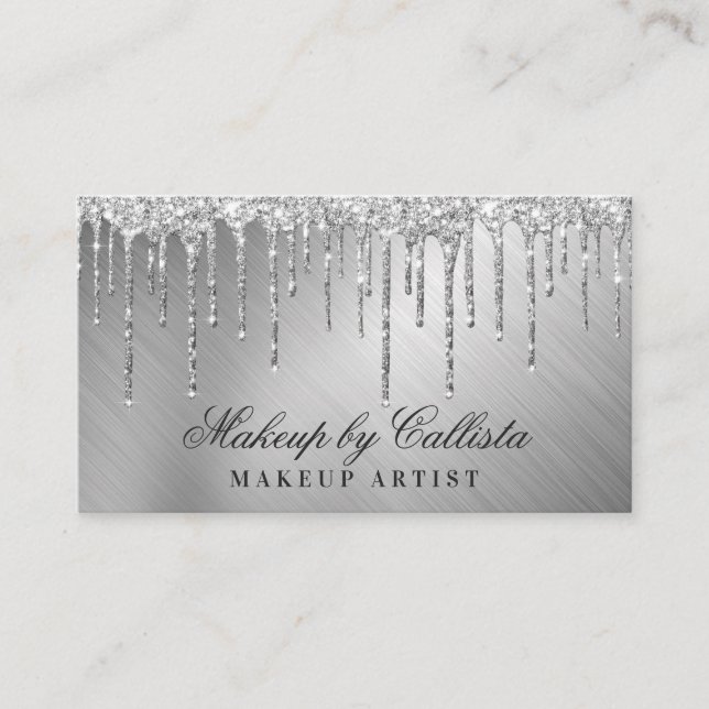Glam Silver Metallic Glitter Drips Makeup Business Card (Front)