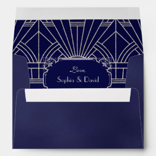 Glam Silver Navy Art Deco Wedding Return Address Envelope