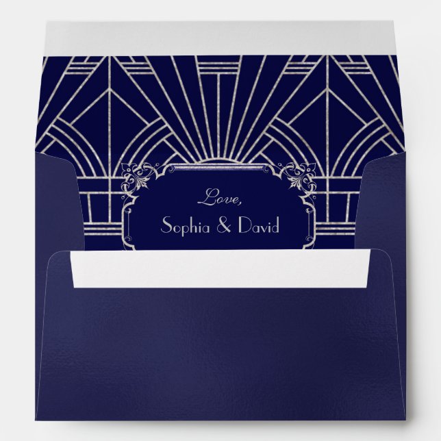 Glam Silver Navy Art Deco Wedding Return Address Envelope (Back (Bottom))